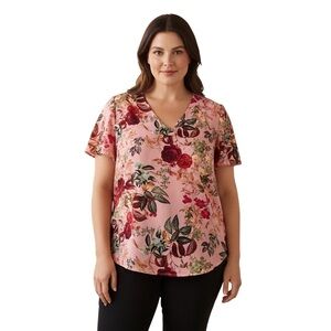 TORRID 00 0X XL Pink Burgundy Floral Harper Short Sleeve Blouse R $49